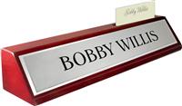 Rosewood Piano Finish Deskplate - Brushed Silver Metal Name Plate with a Shiny Silver Border, Card Slot