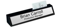 Black Marble Desk Name Plate with Card Holder - Brushed Silver with Black Border