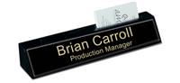 Black Marble Desk Name Plate with Card Holder - Black and Gold Plate