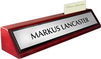 Rosewood Piano Finish Deskplate - Brushed Silver Metal Name Plate with a Black Border, Card Slot