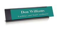 Celadon Green Plastic Plate with White Text, Black Deskplate