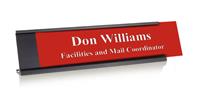 Crimson Plastic Plate with White Text, Black Deskplate