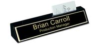 Black Marble Desk Name Plate with Card Holder - Black and Gold Plate with Shiny Gold Border