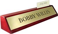 Rosewood Piano Finish Deskplate - Brushed Gold Metal Name Plate, Card Slot
