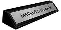 Brushed Silver Metal Name Plate with a Black Border on an 8" Black Piano Finish Deskplate