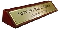 Rosewood Piano Finish Desk Plate -  Metal Brushed Gold Name Plate with a Shiny Gold Border 8"