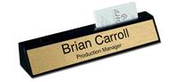 Black Marble Desk Name Plate with Card Holder - Brushed Gold Plate