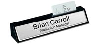 Black Marble Desk Name Plate with Card Holder - Brushed Silver with Shiny Silver Border