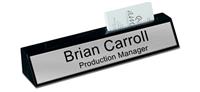 Black Marble Desk Name Plate with Card Holder - Brushed Silver Plate