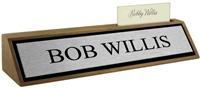 Brushed Silver Metal Plate, Black Border on a Walnut Deskplate with Card Slot