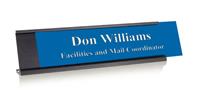 Sapphire Blue Plastic Plate with White Text, Black Deskplate