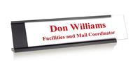 White Plastic Plate with Crimson Text, Black Deskplate